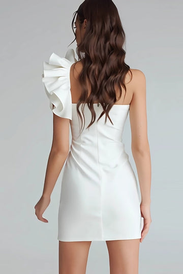 Ruched One Shoulder Bodycon Satin Little White Dress
